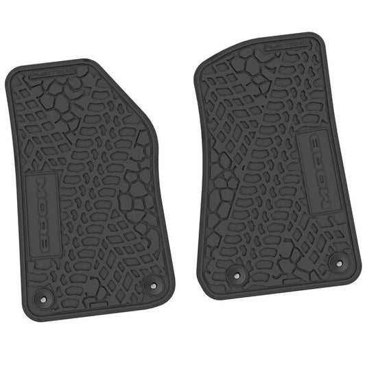 FlexTread Tire Tread/Scorched Earth Scene Front Liners with MOAB Logo for 18-24 Jeep Wrangler JL and Gladiator JT