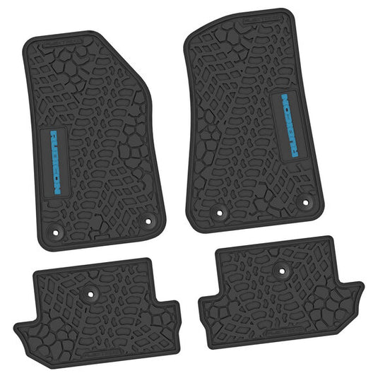 FlexTread Tire Tread/Scorched Earth Scene Front & Rear Floor Liners with RUBICON Logo for 18-24 Jeep Wrangler JL 2-Door