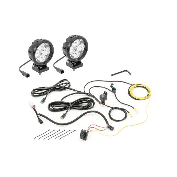 Load image into Gallery viewer, Quadratec 4&quot; Round LED Lights with Wiring Harness &amp; Windshield Mount Brackets for 97-06 Jeep Wrangler TJ &amp; Unlimited
