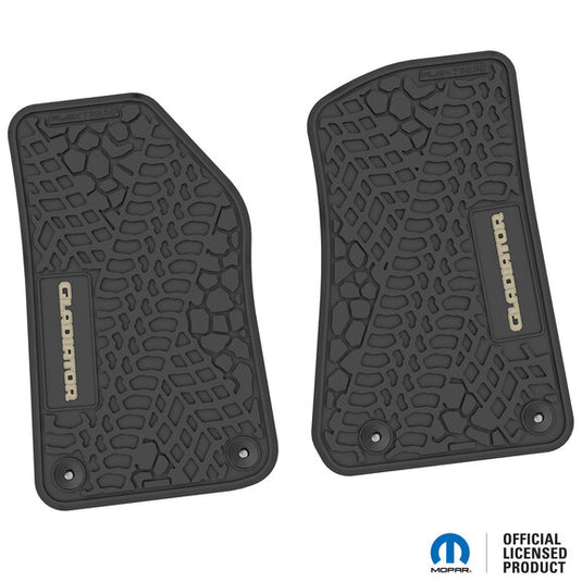 FlexTread Tire Tread/Scorched Earth Scene Front Floor Liners with GLADIATOR Logo for 20-24 Jeep Gladiator JT