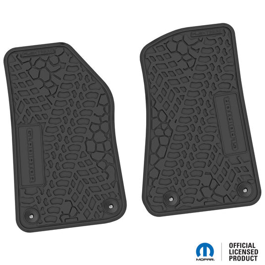 FlexTread Tire Tread/Scorched Earth Scene Front Floor Liners with GLADIATOR Logo for 20-24 Jeep Gladiator JT