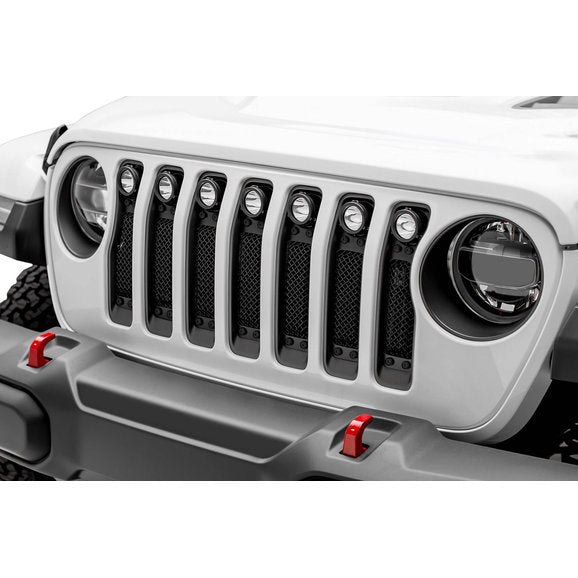 Load image into Gallery viewer, T-Rex 6314931-BR Stealth Torch Series Black Mesh Grille with Black Studs and (7) 2&quot; Round LED Lights for 18-23 Jeep Wrangler JL
