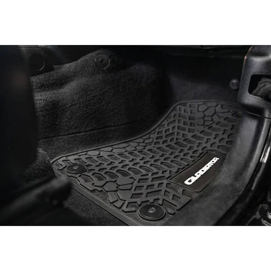 FlexTread Tire Tread/Scorched Earth Scene Front Floor Liners with GLADIATOR Logo for 20-24 Jeep Gladiator JT