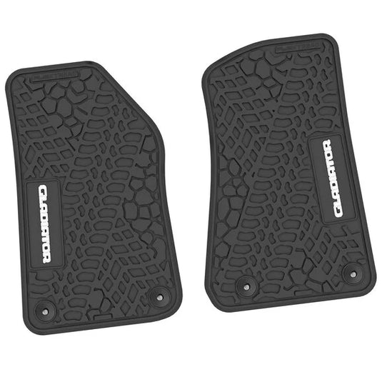 FlexTread Tire Tread/Scorched Earth Scene Front Floor Liners with GLADIATOR Logo for 20-24 Jeep Gladiator JT