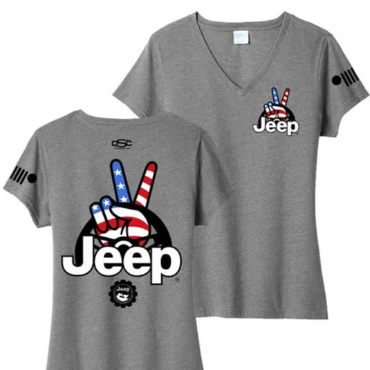 Jeep Merchandise Ladies Jeep Wave USA V-Neck T-Shirt in Heather Grey