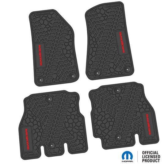 FlexTread Tire Tread/Scorched Earth Scene Front & Rear Floor Liners with MOJAVE Logo for 18-24 Jeep Wrangler JL Unlimited 4-Door