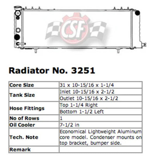 CSF 3251 OE Replacement Radiator with Plastic Tank, Aluminum Core & Filler Neck for 91-01 Jeep Cherokee XJ with 4.0L