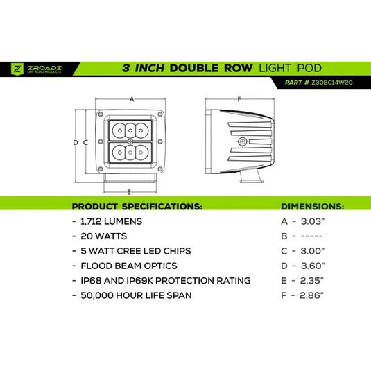 ZROADZ Z334811-KIT Front Roof Side LED Kit with 3" LED Pod Light-Pair for 07-18 Jeep Wrangler JK