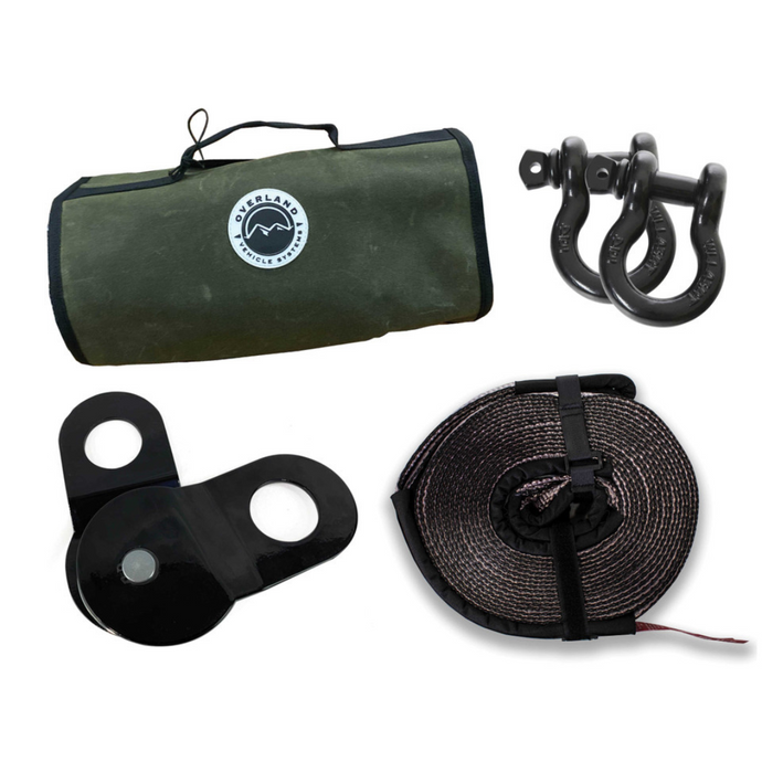 Recovery Wrap Combo Kit Including 30' 20,000 Lb Rated Tow Strap, Pair Of Black D-Rings, Snatch Block And Canvas Bag