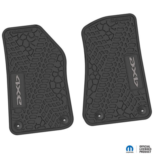 FlexTread Tire Tread/Scorched Earth Scene Front Liners with 4XE Logo for 18-24 Jeep Wrangler JL