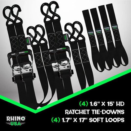 Rhino USA 1.6" x 15' Heavy Duty Ratchet Tie-Down- 4-Pack