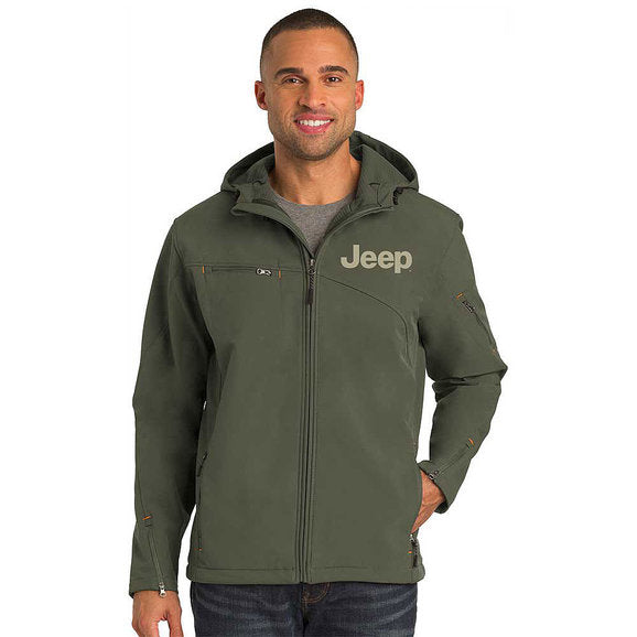 Load image into Gallery viewer, Jeep Merchandise Mens Jeep Hooded Softshell Jacket in Mineral Green
