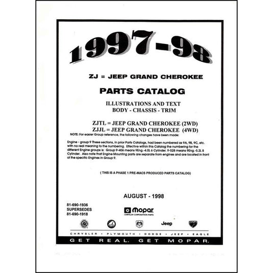 Bishko Automotive Literature Factory Authorized Parts Catalog for 97-00 Jeep Wrangler, Cherokee & Grand Cherokee Jeeps