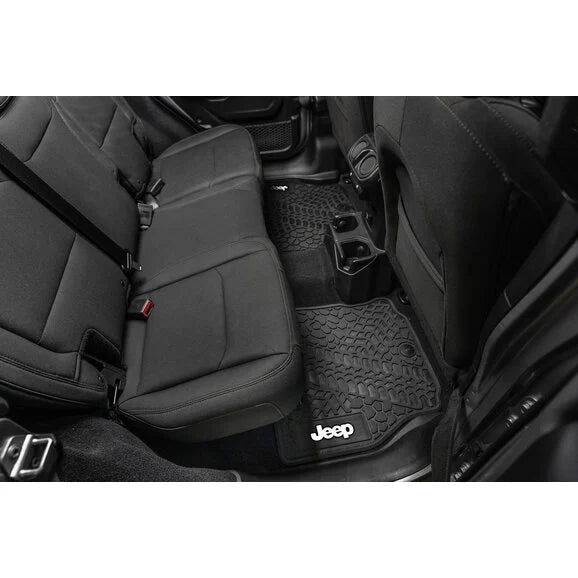 Load image into Gallery viewer, FlexTread Tire Tread/Scorched Earth Scene Front &amp; Rear Floor Liners with JEEP Logo for 21-24 Jeep Wrangler JL Unlimited 4xe
