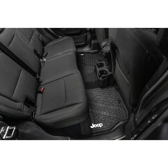 FlexTread Tire Tread/Scorched Earth Scene Front & Rear Floor Liners with JEEP Logo for 21-24 Jeep Wrangler JL Unlimited 4xe