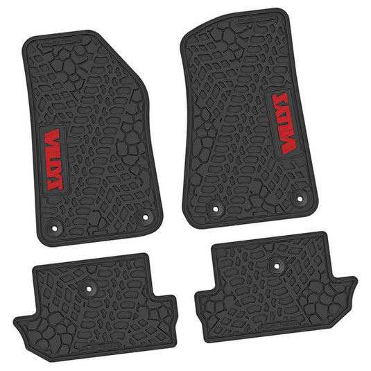 FlexTread Tire Tread/Scorched Earth Scene Front & Rear Floor Liners with WILLYS Logo for 18-23 Jeep Wrangler JL