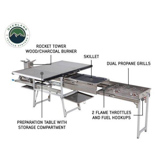 Komodo Camp Kitchen - Dual Grill, Skillet, Folding Shelves, And Rocket Tower - Stainless Steel