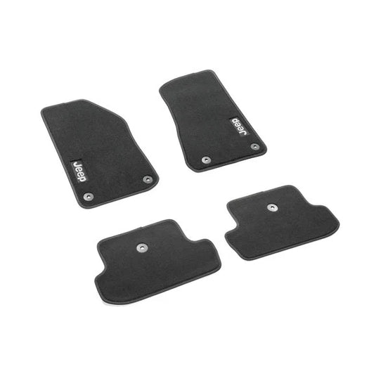 Mopar 82215200AC 4pc Carpeted Jeep Logo Floor Mats in Black for 18-24 Jeep Wrangler JL 2-Door