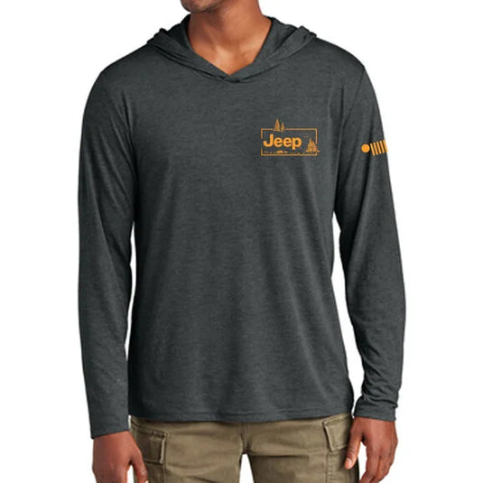 Jeep Merchandise Mens Long Sleeve Hooded Jeep Sasquatch T-Shirt in Black Heather