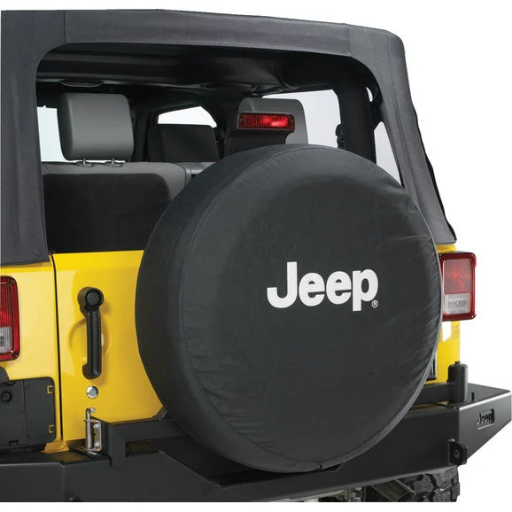 Mopar Jeep Logo Tire Covers in Black Denim with White Jeep Logo