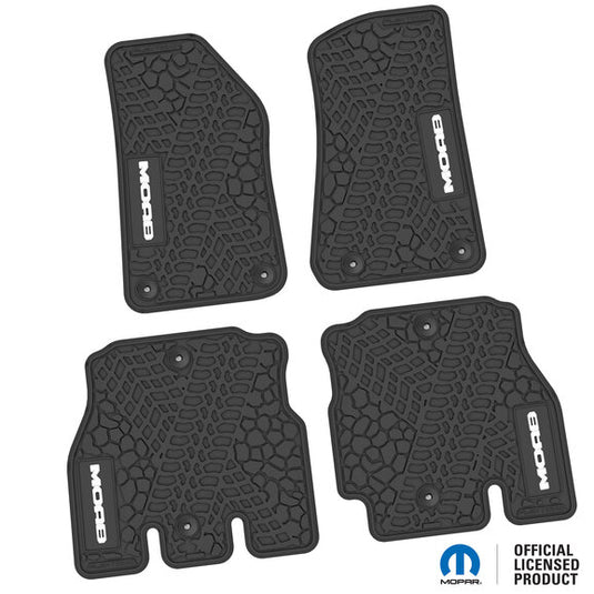 FlexTread Tire Tread/Scorched Earth Scene Front & Rear Floor Liners with MOAB Logo for 18-24 Jeep Wrangler JL Unlimited 4-Door