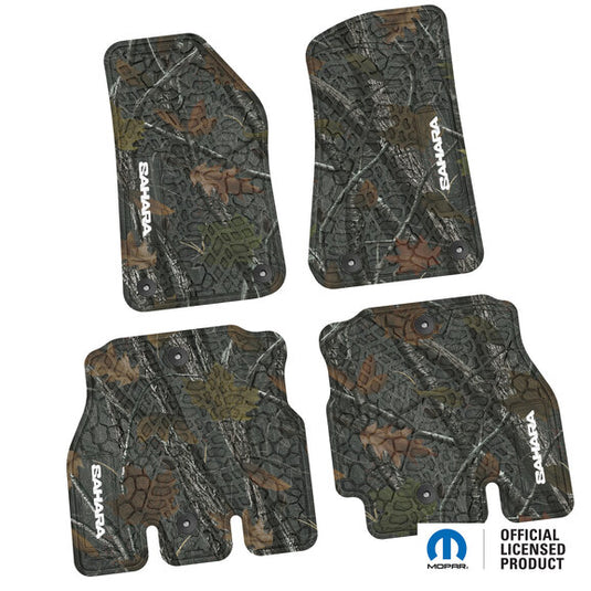 FlexTread Tire Tread/Scorched Earth Scene Front & Rear Floor Liners with SAHARA Logo for 18-24 Jeep Wrangler JL Unlimited 4-Door