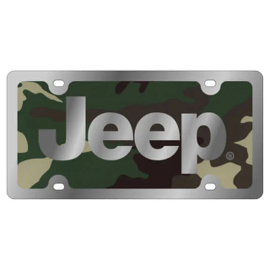 Eurosport Daytona 14181GC Jeep Logo License Plate in Green Camouflage on Polished Stainless Steel