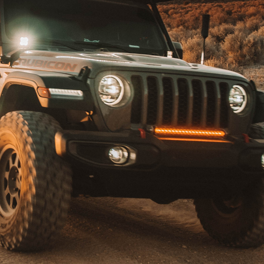 heretics 20 inch amber led light bar mounted on a jeep rubicon