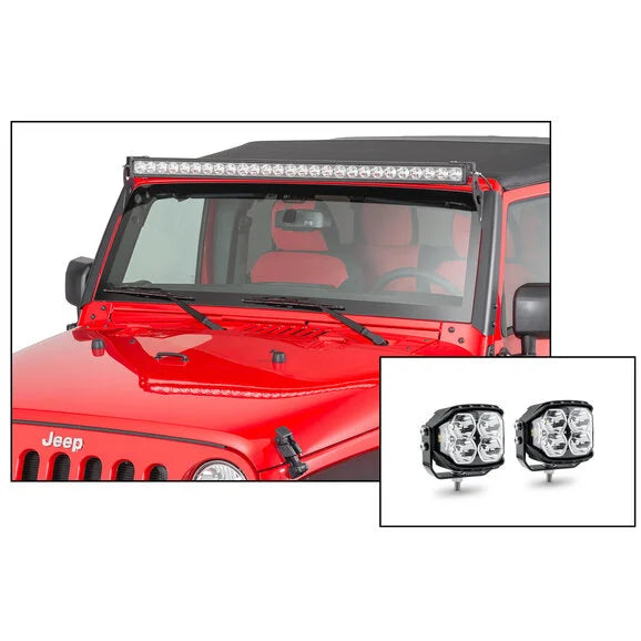 Load image into Gallery viewer, Quadratec Windshield Light Bar Brackets with J5 LED Light Bar &amp; Carnivore J-Series Auxiliary Pod Lights for 07-18 Jeep Wrangler JK
