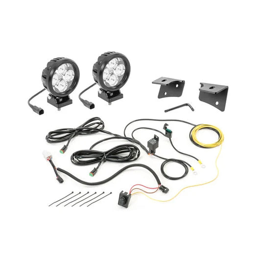 Quadratec 4" Round LED Lights with Wiring Harness & Windshield Mount Brackets for 07-18 Jeep Wrangler JK