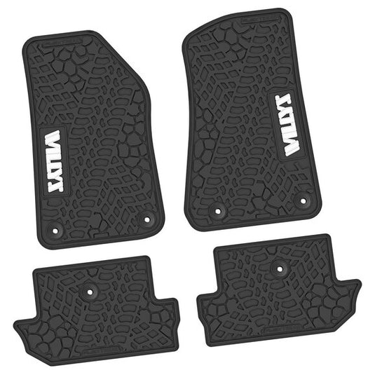 FlexTread Tire Tread/Scorched Earth Scene Front & Rear Floor Liners with WILLYS Logo for 18-23 Jeep Wrangler JL