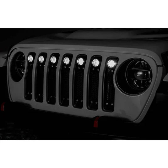 T-Rex 6314931 Torch Series Black Mesh Grille with Chrome Studs and (7) 2" Round LED Lights for 18-20 Jeep Wrangler JL