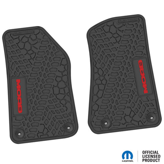 FlexTread Tire Tread/Scorched Earth Scene Front Liners with MOAB Logo for 18-24 Jeep Wrangler JL and Gladiator JT