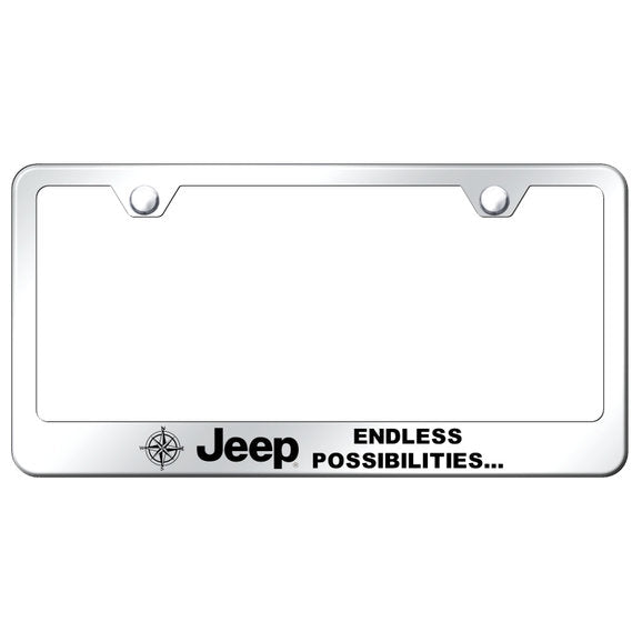 Load image into Gallery viewer, Automotive Gold Laser Etched Stainless Jeep Endless Possibilities License Plate Frame
