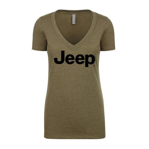 Jeep Merchandise Women's Jeep Logo Short Sleeve V-Neck T-Shirt in Military Green