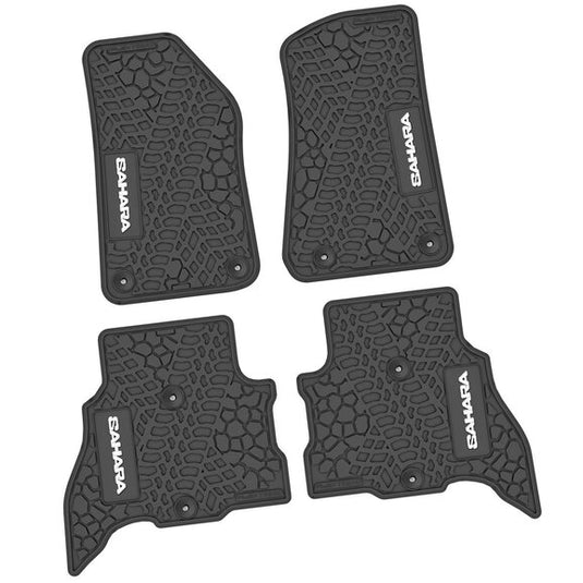 FlexTread Tire Tread/Scorched Earth Scene Front & Rear Floor Liners with SAHARA Logo for 21-24 Jeep Wrangler JL Unlimited 4xe