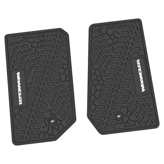 FlexTread Tire Tread/Scorched Earth Scene Front Floor Liners with WRANGLER Logo for 07-18 Jeep Wrangler JK