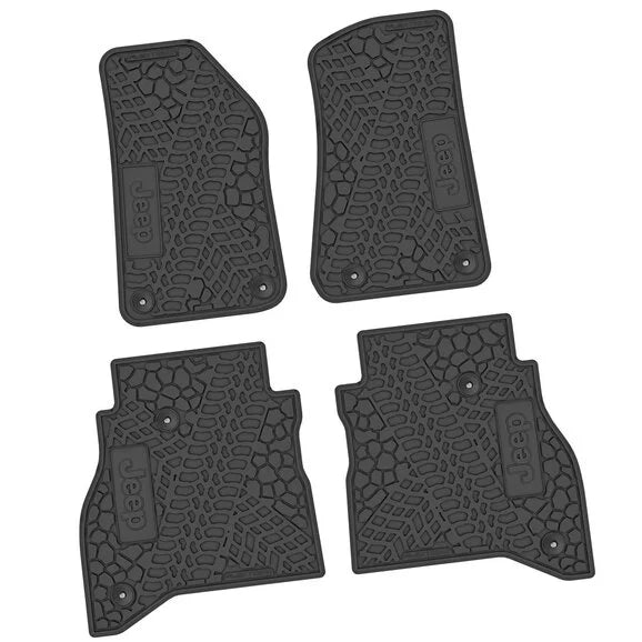 FlexTread Tire Tread/Scorched Earth Scene Front & Rear Floor Liners with JEEP Logo for 20-24 Jeep Gladiator JT