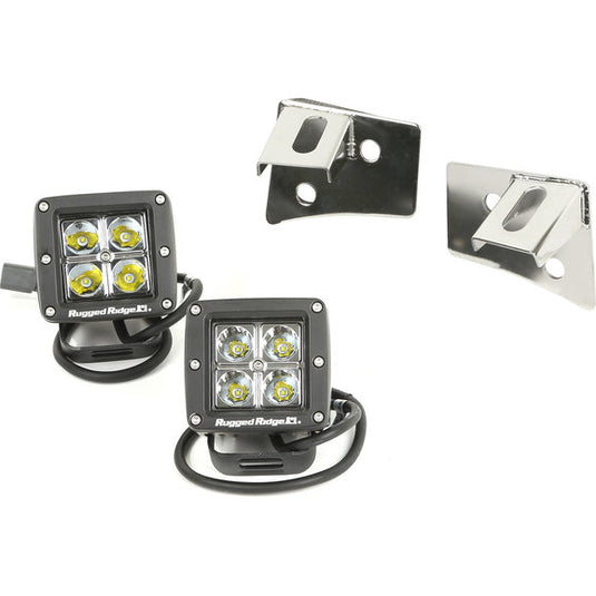 Rugged Ridge 11028.10 Stainless Steel Windshield Light Bracket Kit with Square LED Lights for 07-15 Jeep Wrangler JK