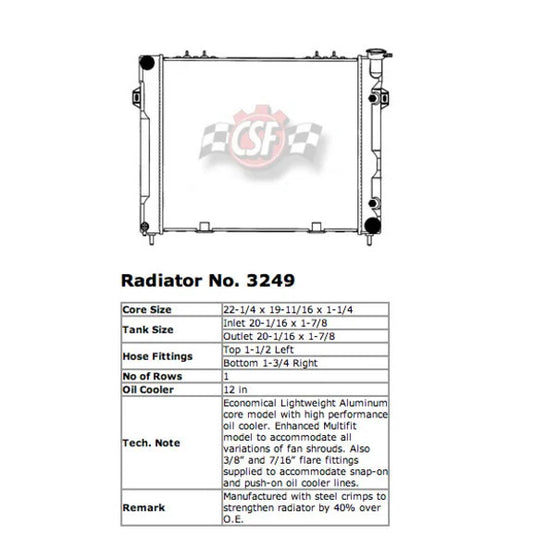 CSF 3292 OE Replacement Radiator with Plastic Tank & Aluminum Core for 05-10 Jeep Grand Cherokee WK & Commander XK with 3.7, 4.7, 5.7, and 6.1L engines