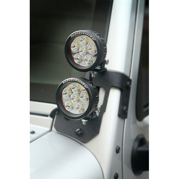 Load image into Gallery viewer, Rugged Ridge Dual A-Pillar Light Mount Kit with 3.5&quot; Round LED Lights for 07-18 Jeep Wrangler JK
