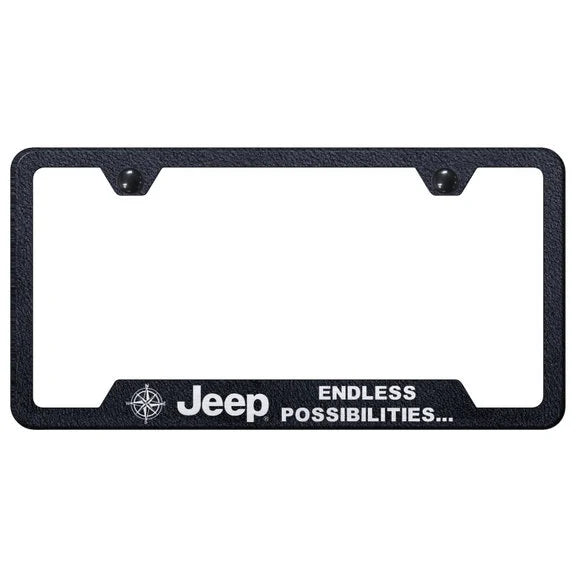 Load image into Gallery viewer, Automotive Gold Laser Etched Stainless Jeep Endless Possibilities Cut-Out License Plate Frame
