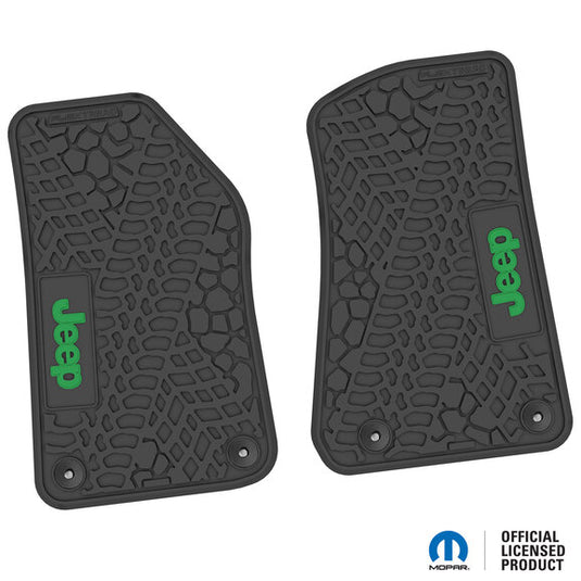 FlexTread Tire Tread/Scorched Earth Scene Front Floor Liners with JEEP Logo for 18-24 Jeep Wrangler JL & Gladiator JT