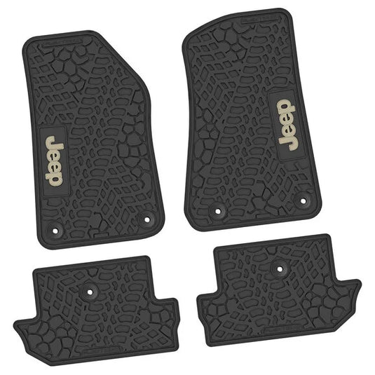 FlexTread Tire Tread/Scorched Earth Scene Front & Rear Floor Liners with JEEP Logo for 18-24 Jeep Wrangler JL 2-Door