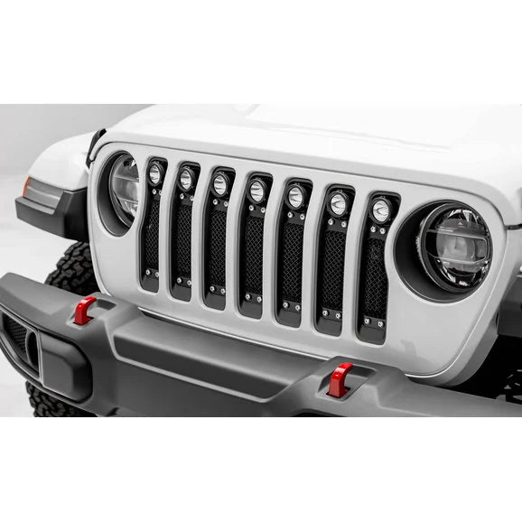 Load image into Gallery viewer, T-Rex 6314931 Torch Series Black Mesh Grille with Chrome Studs and (7) 2&quot; Round LED Lights for 18-20 Jeep Wrangler JL
