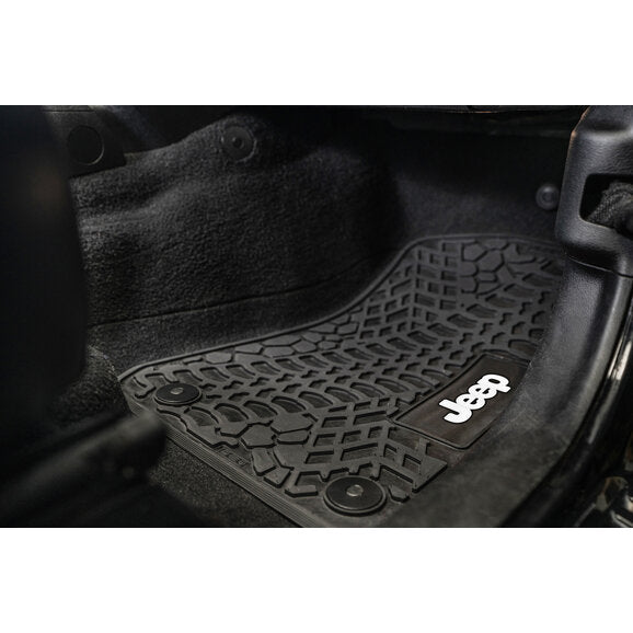 Load image into Gallery viewer, FlexTread Tire Tread/Scorched Earth Scene Front &amp; Rear Floor Liners with JEEP Logo for 18-24 Jeep Wrangler JL Unlimited 4-Door
