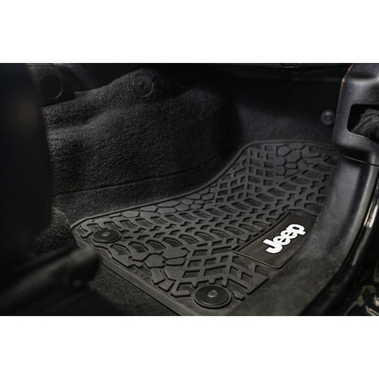 FlexTread Tire Tread/Scorched Earth Scene Front & Rear Floor Liners with JEEP Logo for 18-24 Jeep Wrangler JL Unlimited 4-Door