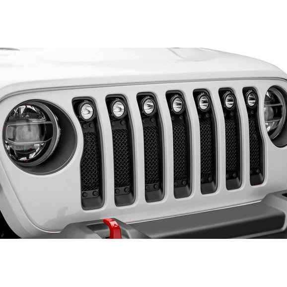 Load image into Gallery viewer, T-Rex 6314931-BR Stealth Torch Series Black Mesh Grille with Black Studs and (7) 2&quot; Round LED Lights for 18-23 Jeep Wrangler JL
