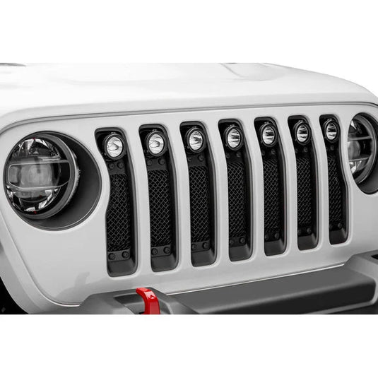 T-Rex 6314931-BR Stealth Torch Series Black Mesh Grille with Black Studs and (7) 2" Round LED Lights for 18-23 Jeep Wrangler JL