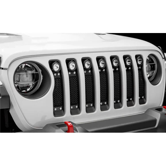 Load image into Gallery viewer, T-Rex 6314931 Torch Series Black Mesh Grille with Chrome Studs and (7) 2&quot; Round LED Lights for 18-20 Jeep Wrangler JL
